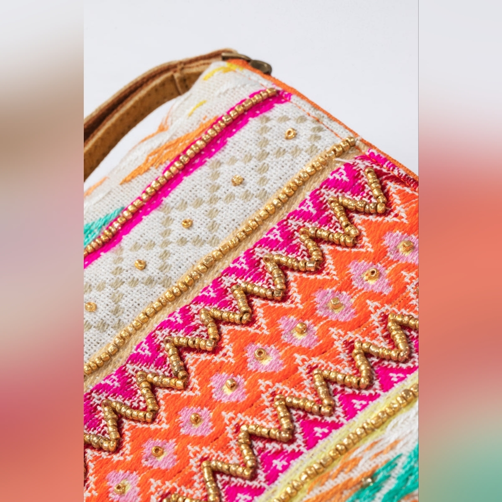 Handmade Hand Beaded Wristlet Clutch - Ethnic Inspired Motive - Dyed Fine Cotton - Picture 3 of 4